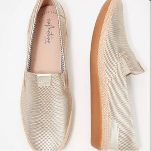 Clarks Sz 11 Danelly Iris Leather Champagne Gold Woven Slip On Espadrille Loafer